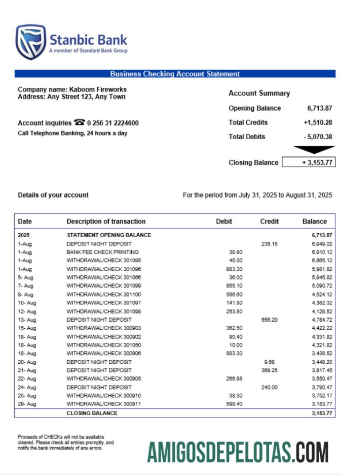 Baixável Uganda Stanbic Firm modelo de extrato de conta Word e PDF